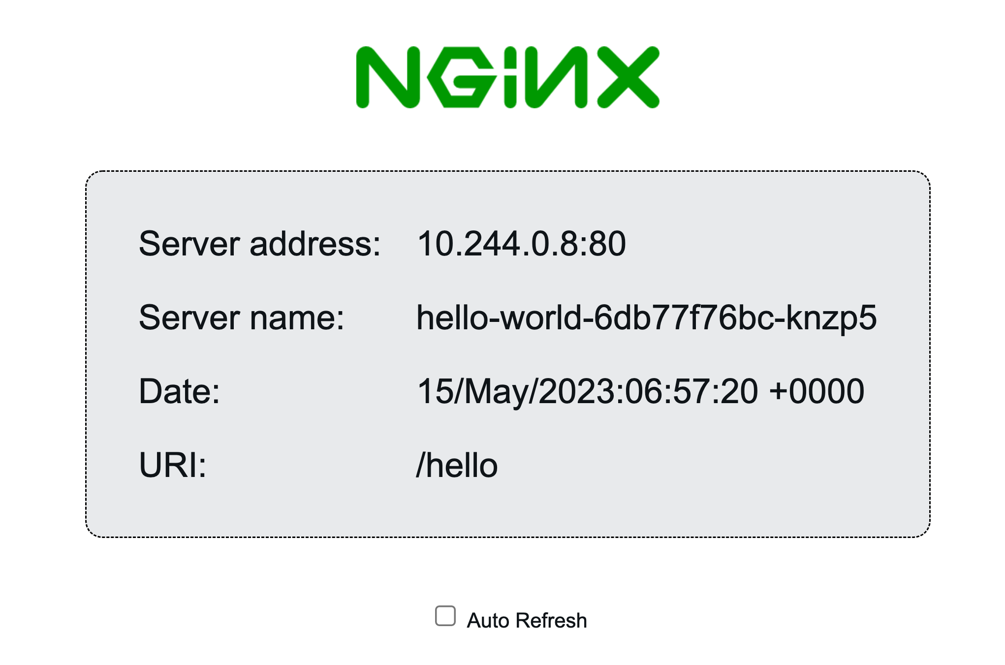 The deployed NGINX hello world