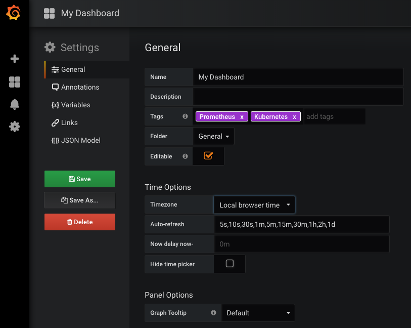 Grafana's dashboard general settings screen