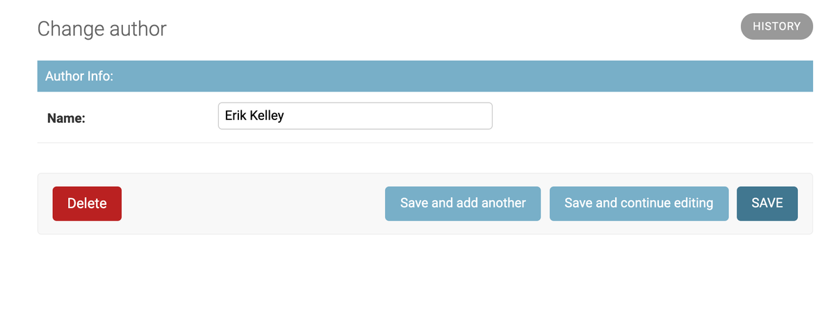 "Author Info" section with editable field "name".