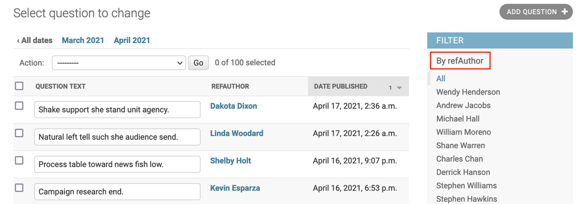 Filtering the results by Author in Question change page.