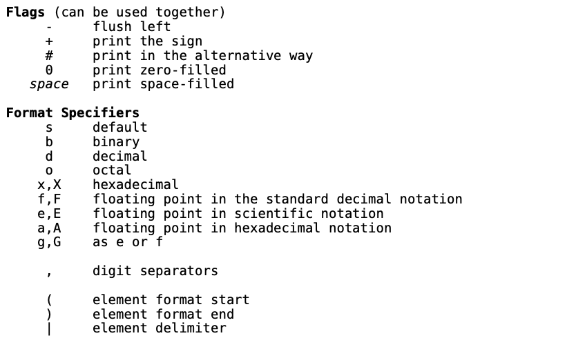 Format specifiers and flags