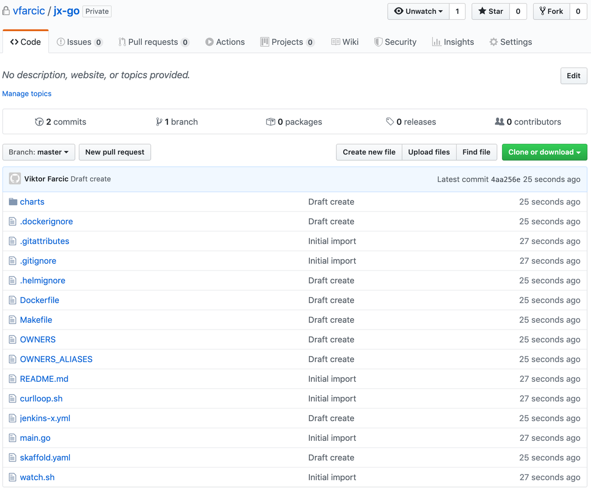 GitHub repository with a newly created Jenkins X quickstart project