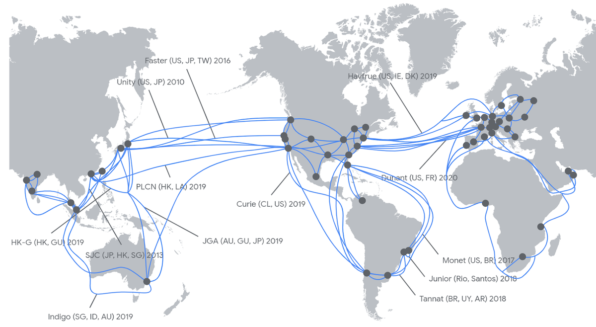 A map of Google’s global network showing Google cables connecting various continents and sub-regions. 