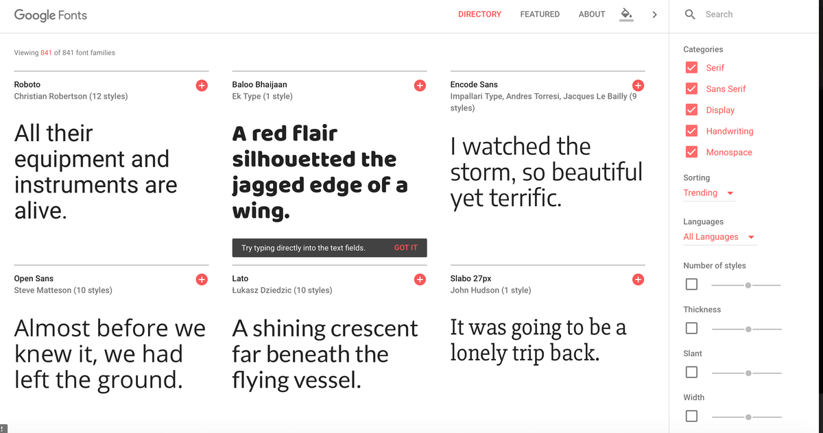 The Google font catalogue