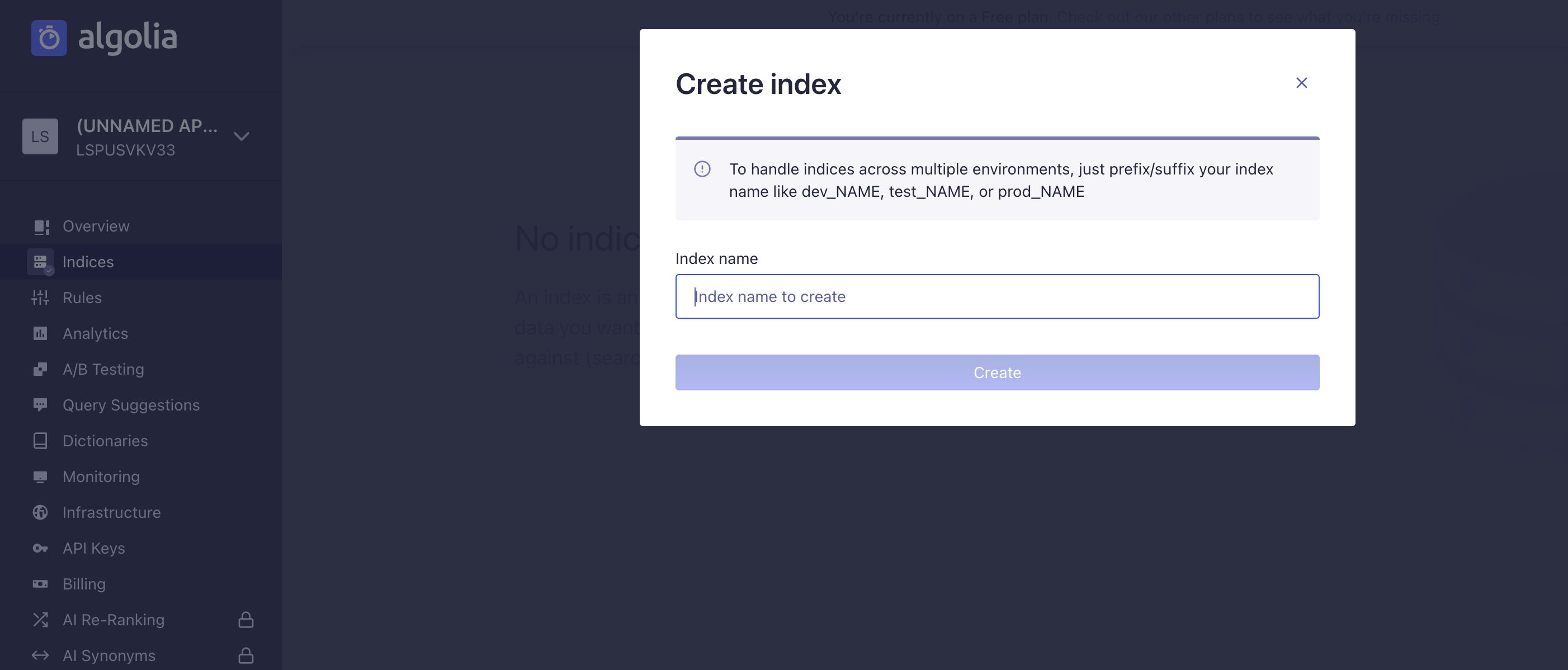 Create an index in Algolia dashboard