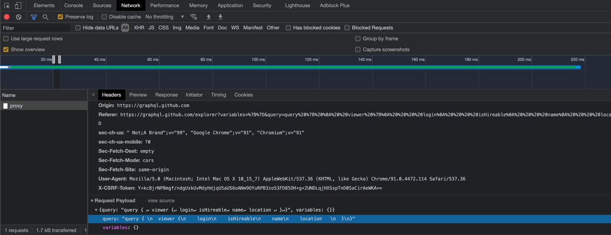 GraphQL request in Google Chrome's developer tools