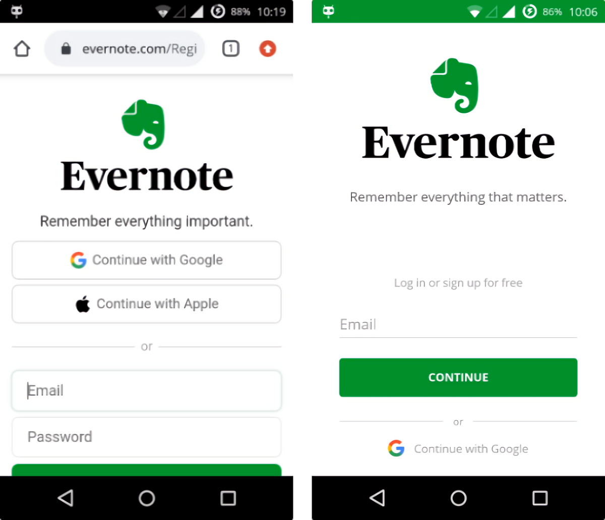 A web application on the left and native application on the right. Note the color of the status bar and how Chrome's navigation takes up extra space.
