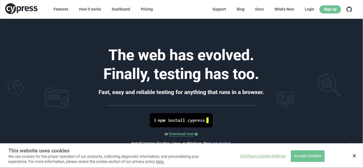 The front page of the official site of Cypress: cypress.io