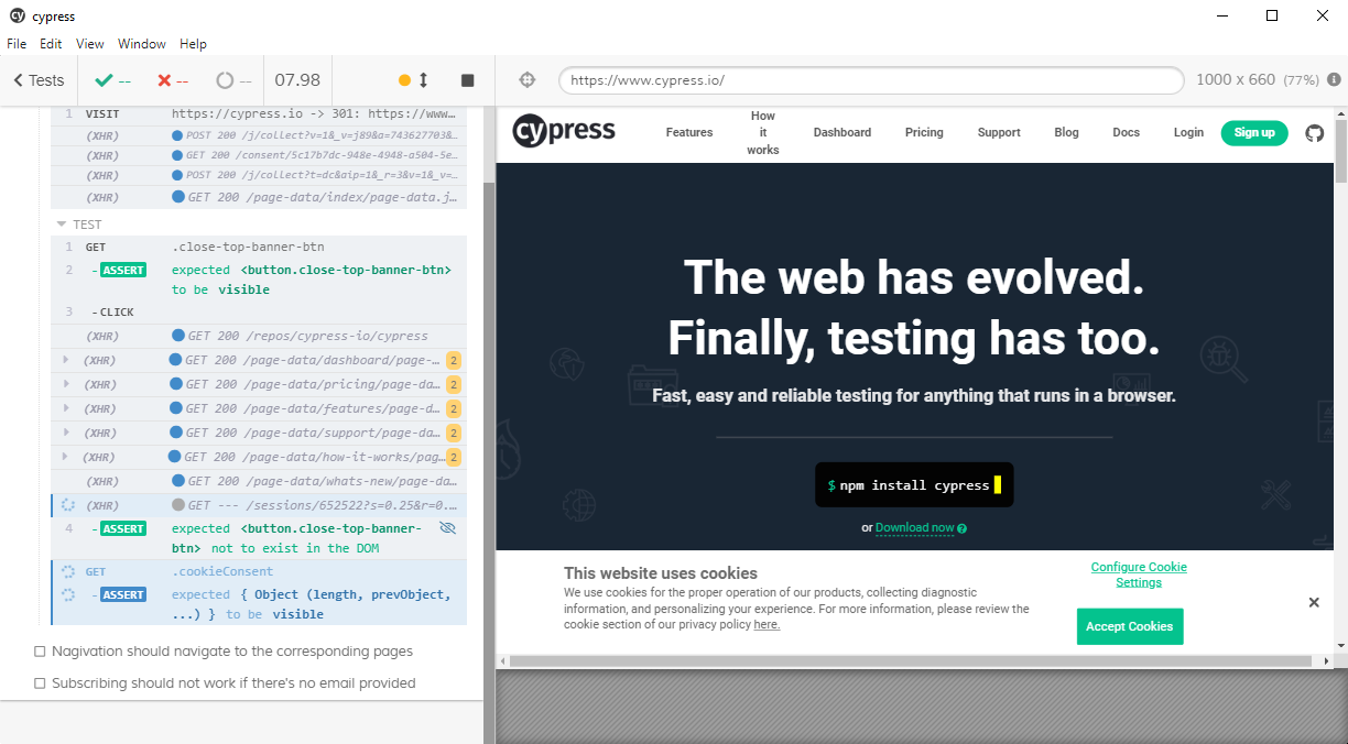 The test runner of Cypress visualizes the steps through an automated browser with steps shown on the left-hand side