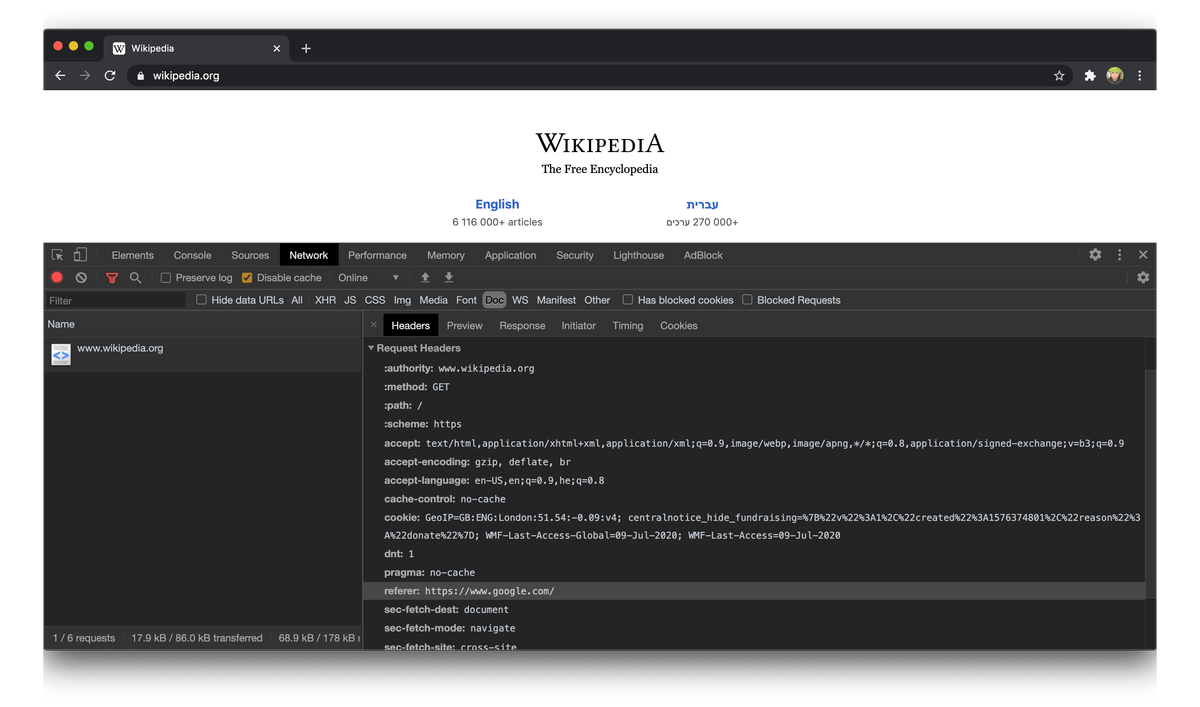 Figure 1-3: DevTools showing the Referer header set from a web page