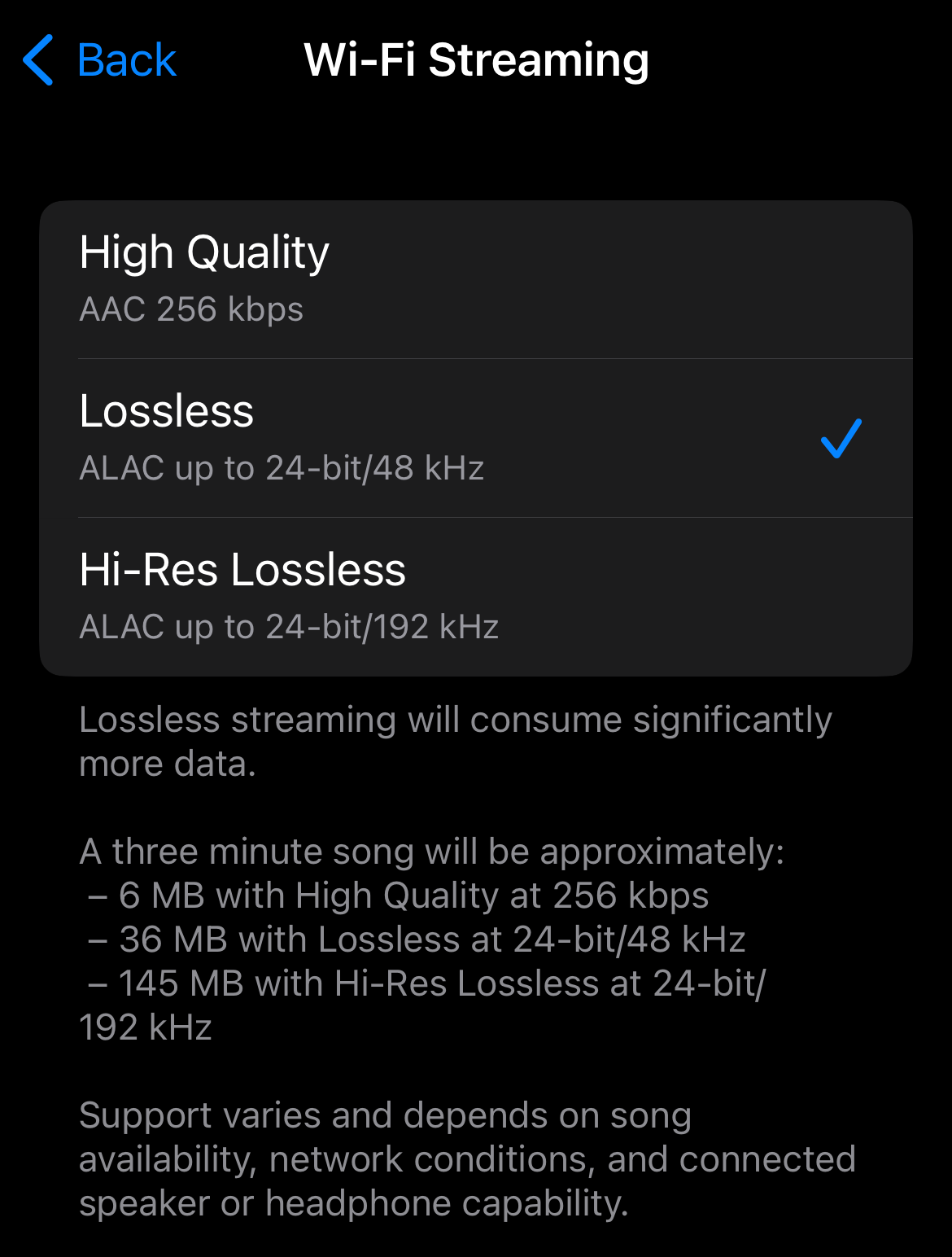 Apple Music's own calculations for the size of different quality files.