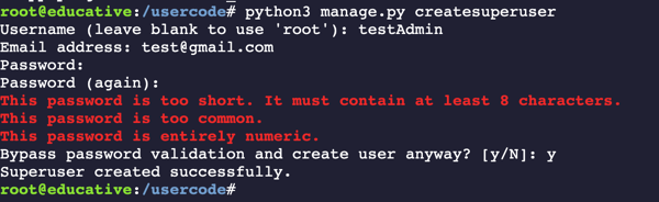 Creation of superuser 