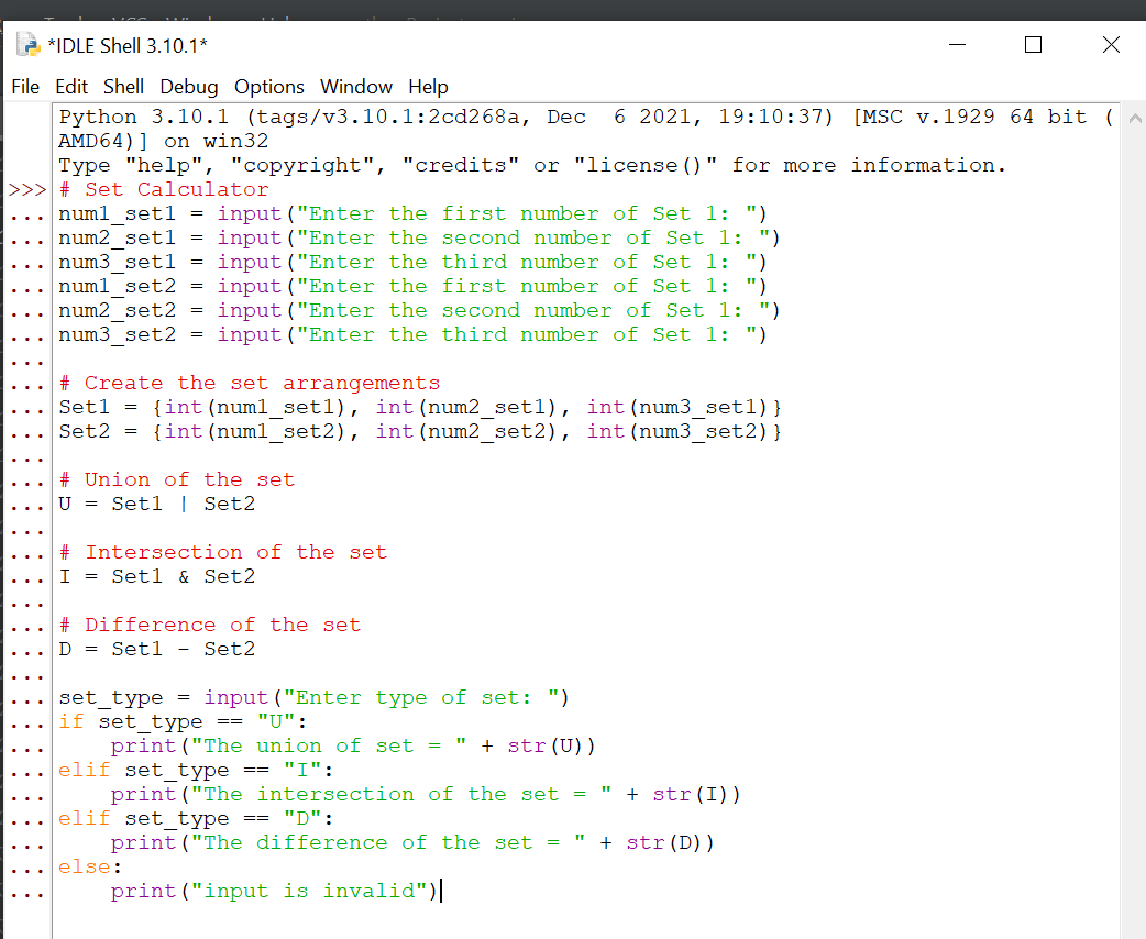 How to create a set calculator using Python