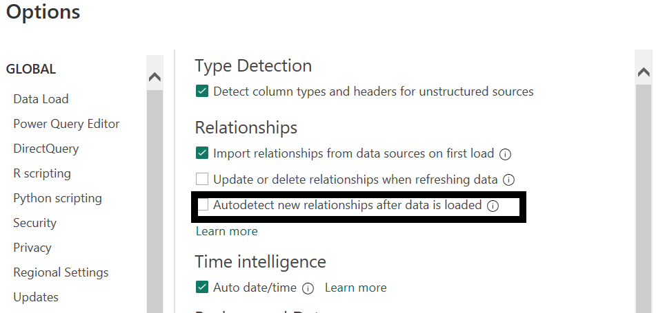 Setting the "Autodetect new relationships after data is loaded" option