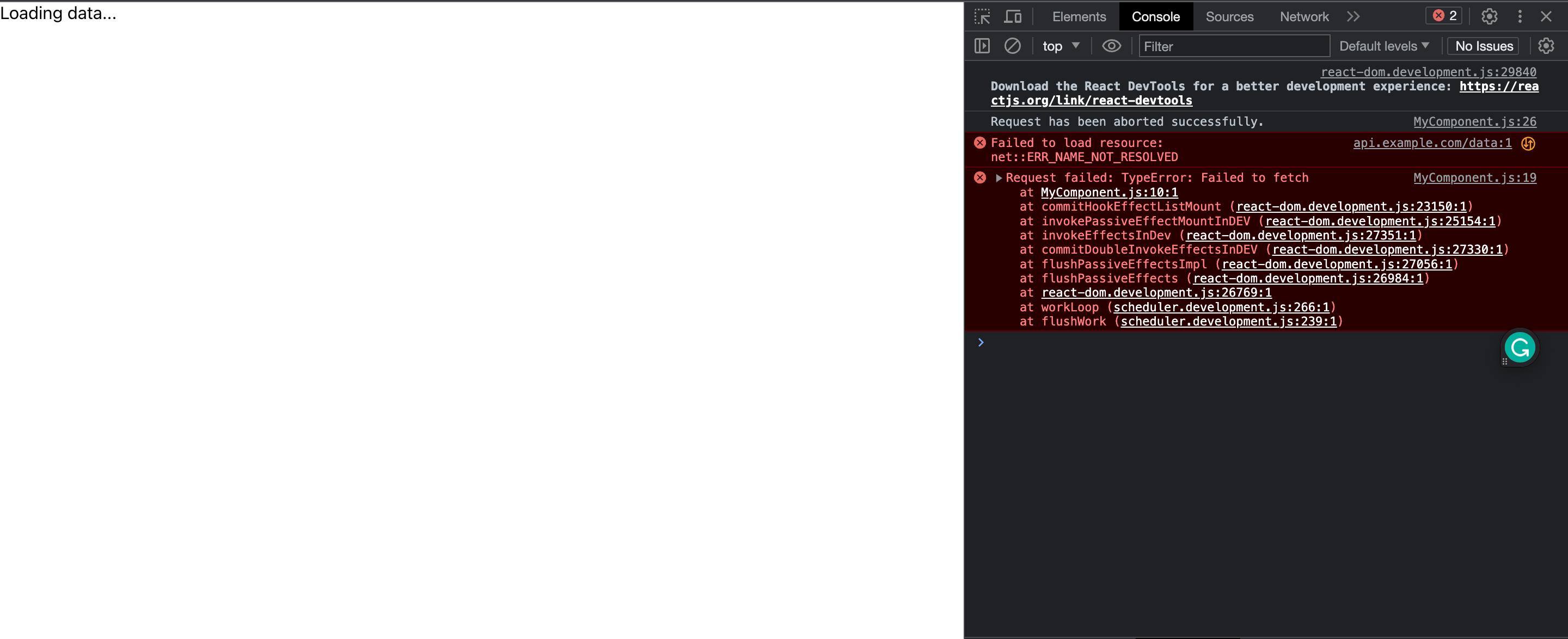 Console window confirming the aborted request