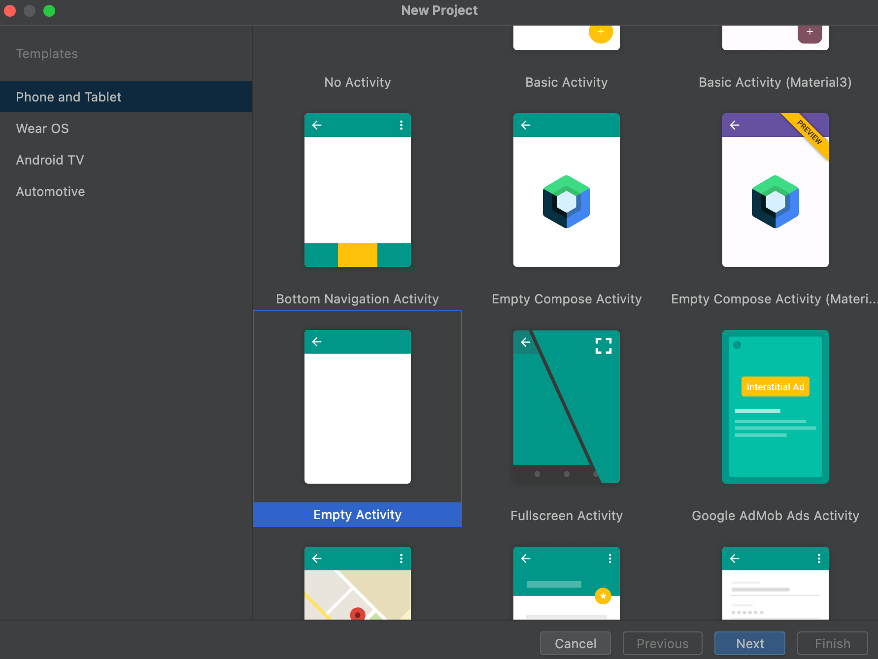 New Project screen in Android Studio