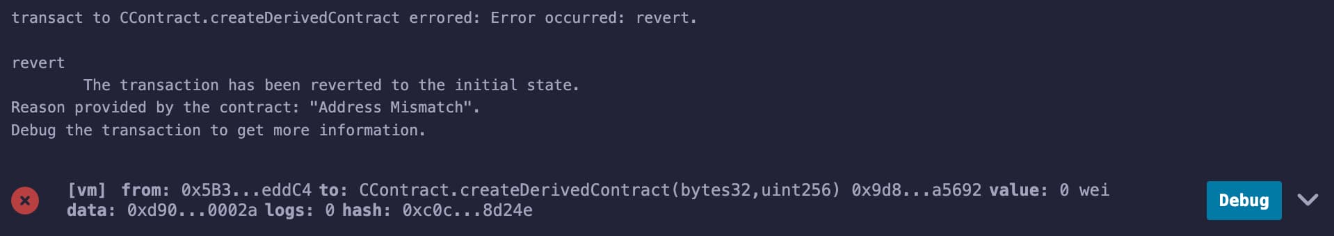 Failed transaction message with the deployed contract